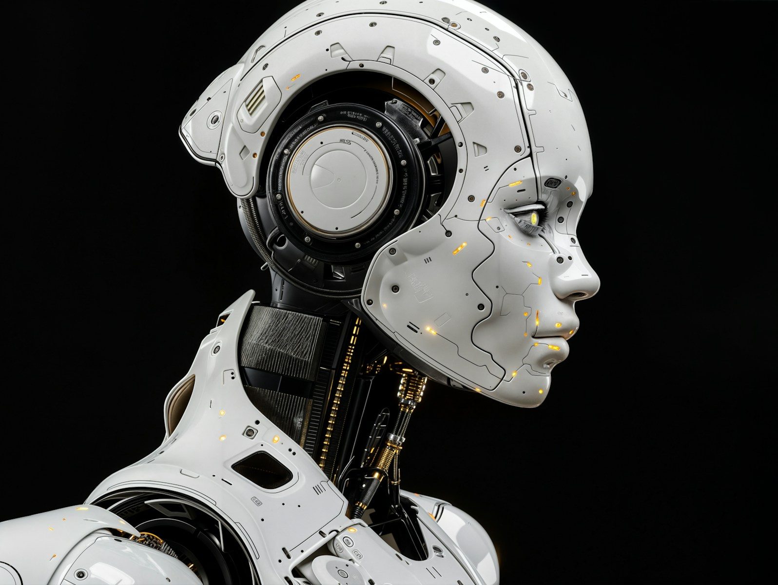 A white robot is standing in front of a black background