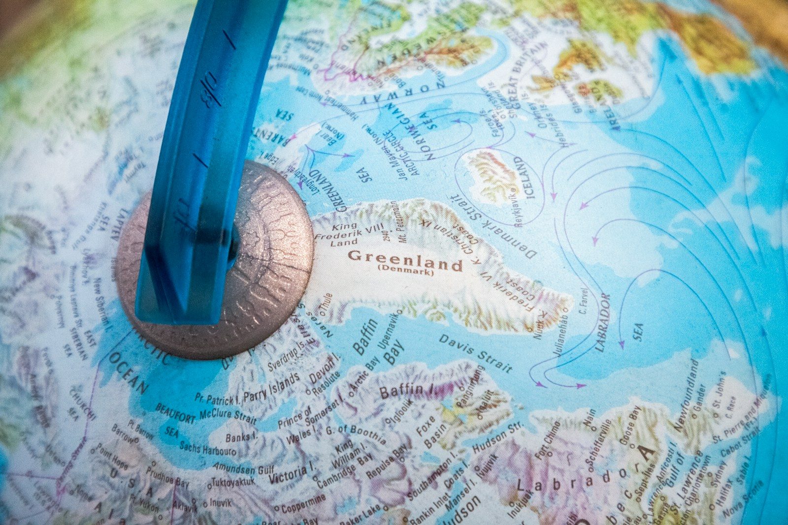 Close-up of greenland on a blue globe.